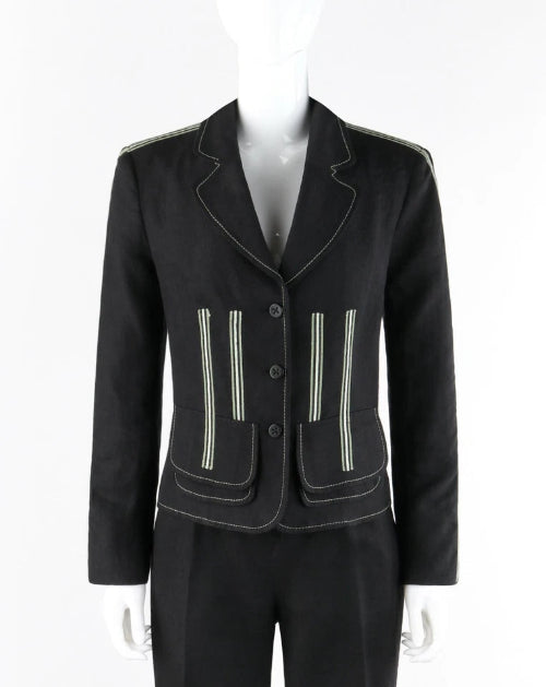 A black leather jacket with silver-toned vertical zipper accents on the front, displayed on a headless mannequin against a plain white background.