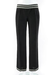 Black wide-leg cropped pants with contrasting striped trim at the elastic waistband and the lower hems, displayed on a white mannequin against a white background.