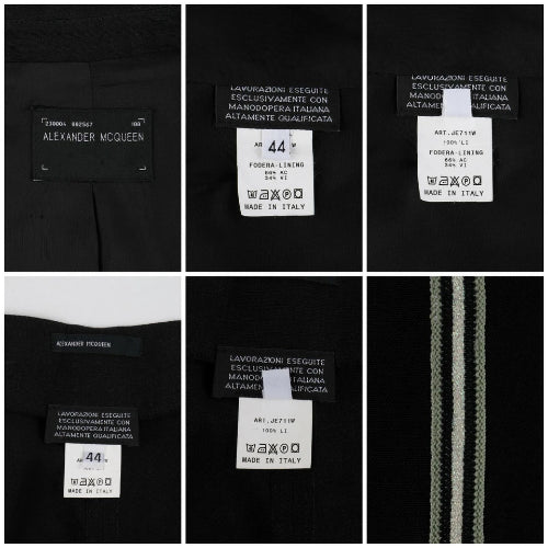 A six-panel collage showing close-up views of Alexander McQueen clothing labels and fabric details, including size 44 labels and a striped knit trim on black apparel.