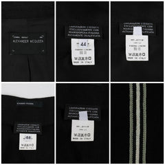 A six-panel collage showing close-up views of Alexander McQueen clothing labels and fabric details, including size 44 labels and a striped knit trim on black apparel.