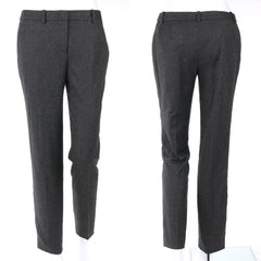 A pair of dark gray wool trousers shown from both the front and back views on a white background.