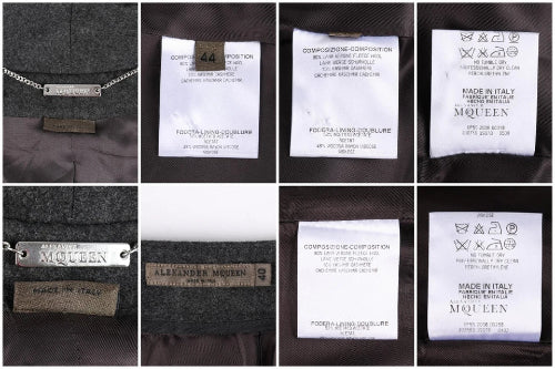 A 2x4 collage of close-up fabric and label details from a dark brown or black wool garment, showing multiple white sewn-in tags with text including 'COMPOSITION', 'MADE IN ITALY', and 'ALEXANDER MQUEEN', plus a metal brand plate reading 'ALEXANDER MQUEEN'.