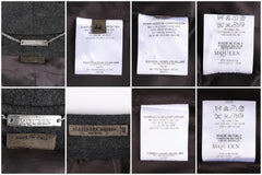 A 2x4 collage of close-up fabric and label details from a dark brown or black wool garment, showing multiple white sewn-in tags with text including 'COMPOSITION', 'MADE IN ITALY', and 'ALEXANDER MQUEEN', plus a metal brand plate reading 'ALEXANDER MQUEEN'.