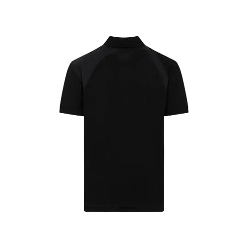 Black t-shirt with a high collar on a light gray background