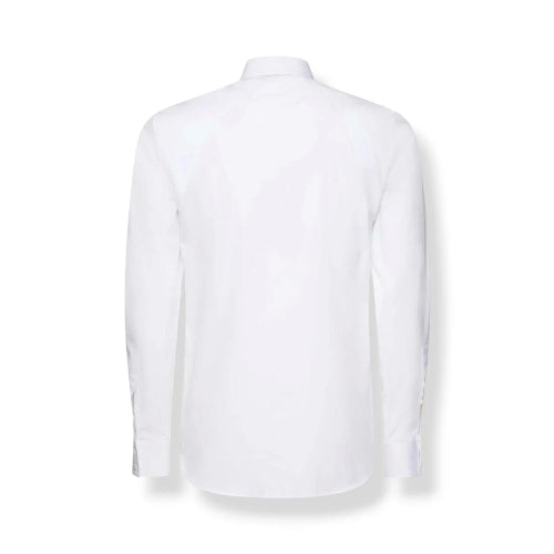A white long-sleeve button-down dress shirt shown from the back, displayed on a clean white background with a soft drop shadow.