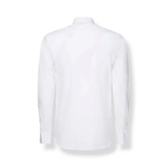 A white long-sleeve button-down dress shirt shown from the back, displayed on a clean white background with a soft drop shadow.