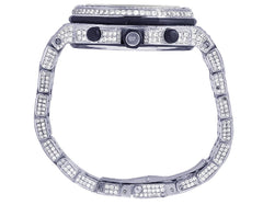 Luxury watch with diamond-studded band on a white background