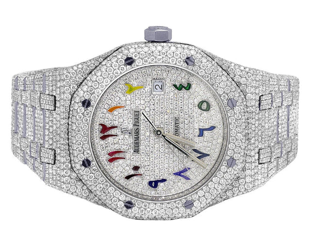 Luxury watch with diamond-studded case and colorful face on a white background