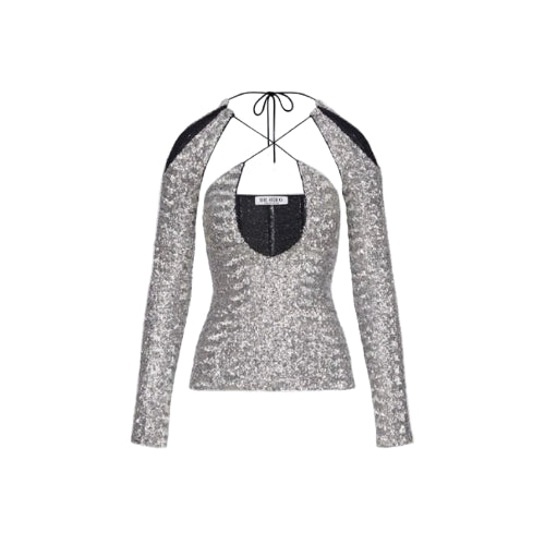 Silver sequin top with long sleeves on a white background