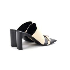 Black and beige high-heeled shoes on a white background