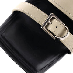 Close-up of a black leather bag with a beige strap and silver buckle on a white background