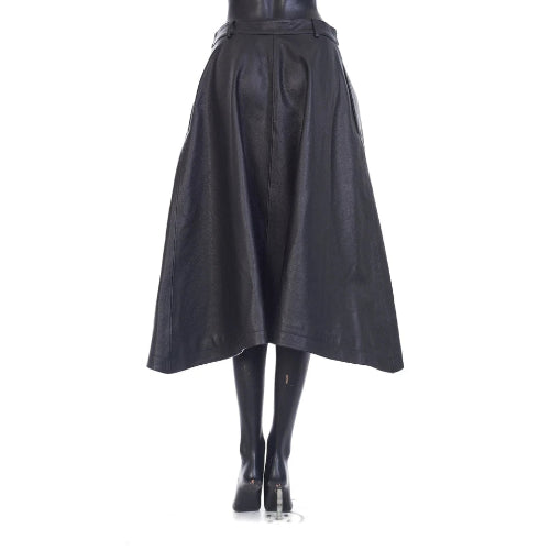 Black leather skirt on a mannequin against a white background