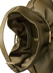 Close-up of a large olive green leather shoulder bag with a slouchy silhouette, showing the interior lining, strap attachment, and small gold-tone hardware on a white background.