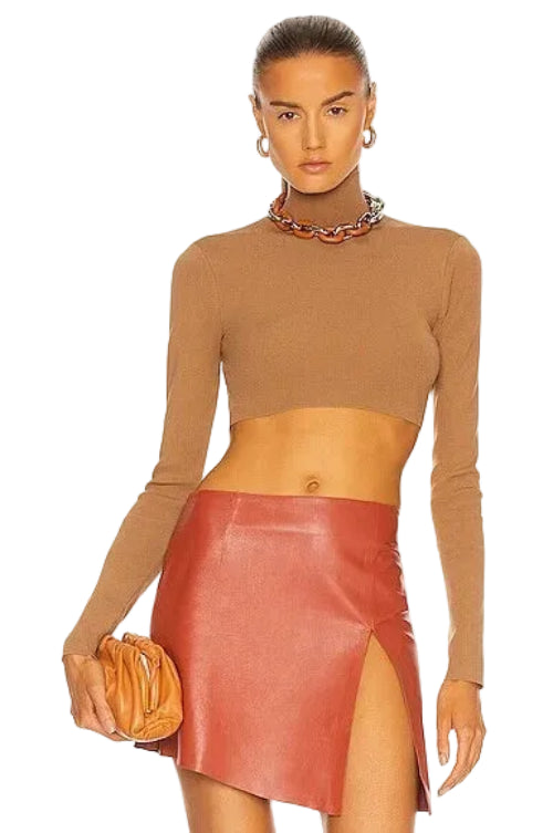 Woman wearing a brown long-sleeve top and red leather skirt on a white background