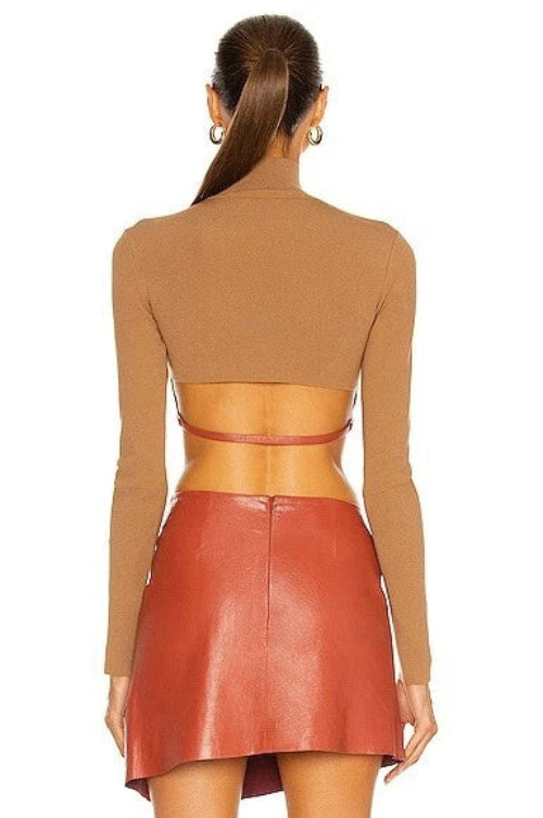 Woman wearing a brown long-sleeve top and red leather skirt on a white background