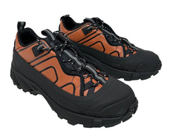 Pair of black and brown hiking boots on a white background