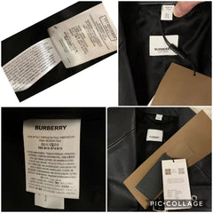 Collage of Burberry labels on a black garment with visible text.