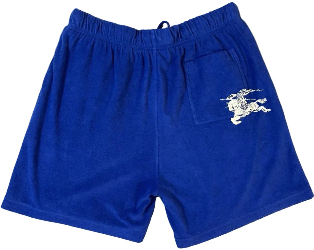 Blue shorts with a white logo on a light gray background