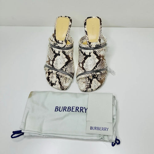 Snakeskin-patterned shoes with a Burberry dust bag on a white background