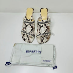 Snakeskin-patterned shoes with a Burberry dust bag on a white background
