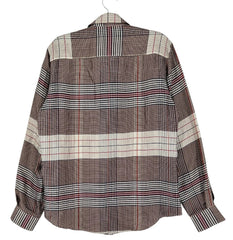 A long-sleeve plaid button-up shirt in brown, beige, and white, hanging on a white hanger against a plain white background.