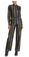 Striped jumpsuit worn by a model on a white background