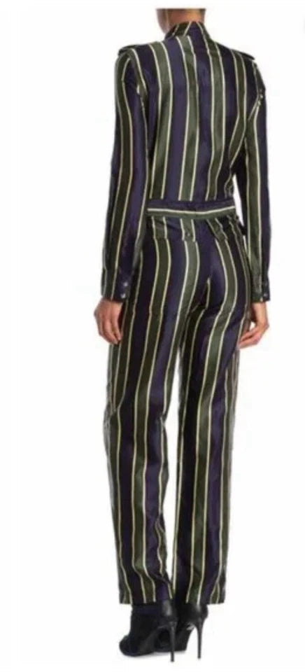 Striped jumpsuit worn by a person on a white background