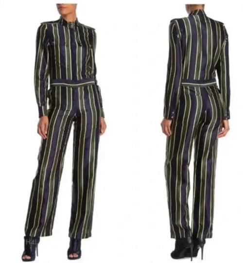 Striped jumpsuit worn by a model on a white background