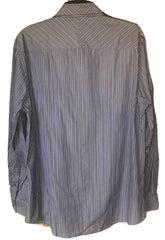 A long-sleeve button-down shirt with a fine vertical stripe pattern in light blue and white, shown from the back on a hanger.