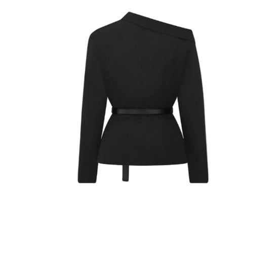 A black asymmetric belted jacket with a high draped collar, shown against a light gray background with navigation arrows and the text 'ASYMMETRIC BELTED JACKET' below.