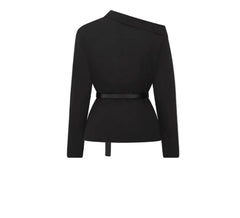 A black asymmetric belted jacket with a high draped collar, shown against a light gray background with navigation arrows and the text 'ASYMMETRIC BELTED JACKET' below.