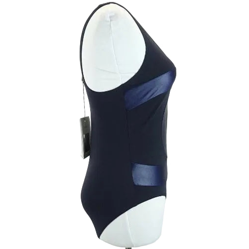 Black swimsuit with blue accents on a mannequin against a white background