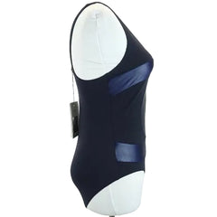 Black swimsuit with blue accents on a mannequin against a white background