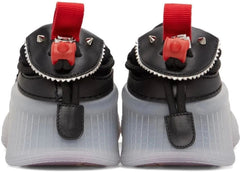 Close-up rear view of a pair of black and white sneakers with red pull tabs and silver studs, shown on a white background.