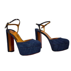 Pair of blue platform high-heeled shoes on a white background