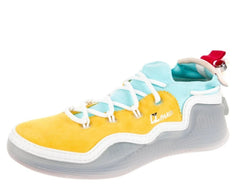 A low-top sneaker by CL PARE featuring a bright yellow suede upper, light blue mesh lining, white laces, a translucent gray sole, and a small red pull tab.