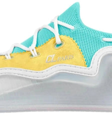Close-up of a sneaker with a turquoise knit upper, yellow suede overlays, white laces, and a translucent white sole. The side shows the CL PARIS logo.