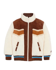 Two-tone brown and white jacket with a fur-lined hood on a light gray background