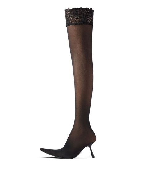 A single black thigh-high stocking with a lace top band and a pointed heel, shown in profile against a plain white background.
