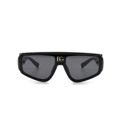 Black sunglasses with a gold logo on a white background