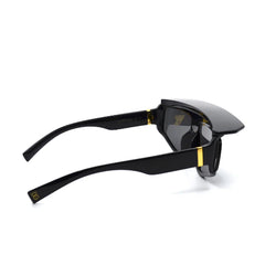 Black sunglasses with gold accents on a white background