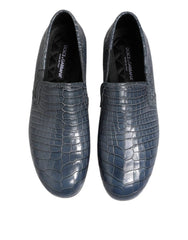 Pair of blue crocodile-textured loafers on a white background