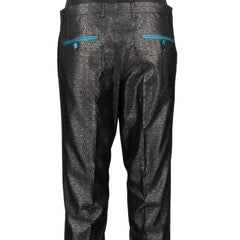 Black patterned pants with blue zippers on a white background