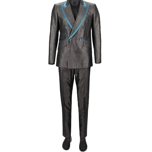 Gray suit with blue trim on a white background