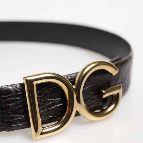 Black belt with gold DG buckle on a white background