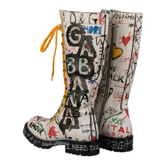 Graffiti-style boots with colorful text and designs on a white background