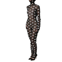 Black sheer jumpsuit with white pattern on a white background