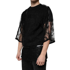 Black outfit with sheer sleeves on a white background