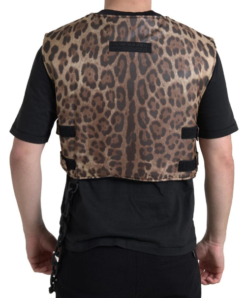 Black leather vest with leopard print pattern on a black background