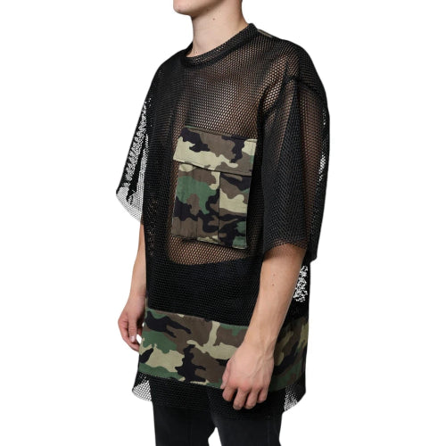Black mesh shirt with camouflage pattern on a white background